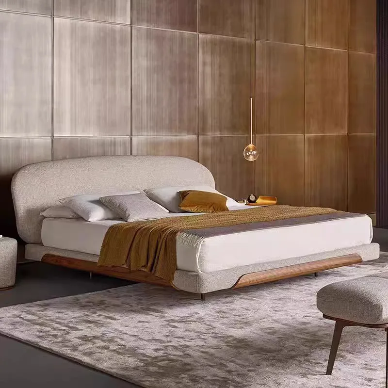 

Cotton and linen solid wood fabric big bed Italian minimalist villa designer double bed 1.8 meters master bedroom household