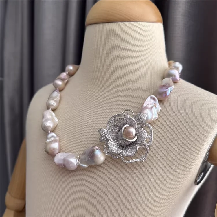 Natural Colorful Baroque Pearl CZ Flower Brooch Collarbone Necklace