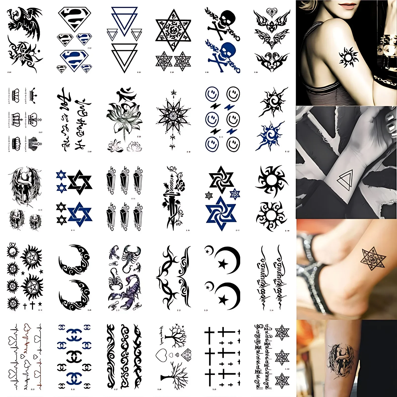 30pcs/set Men Removable Travel Temporary Tattoo for Ankle Chest Totem Lotus Smiling Face Lightning Scorpion Small Fake Tattoos