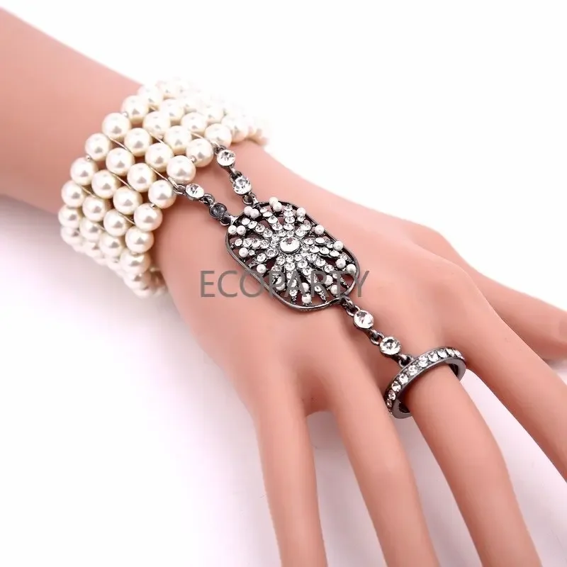 Women Anime 1920s Flapper Bracelet Ring Set Gatsby Accessories Imitation Pearl Crystal Bracelet Adjustable Ring