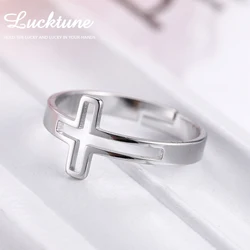 Lucktune Gothic Cross Hollow Adjustable Rings Stainless Steel Silver Color Ring for Women Couple Trendy Jewelry Birthday Gift
