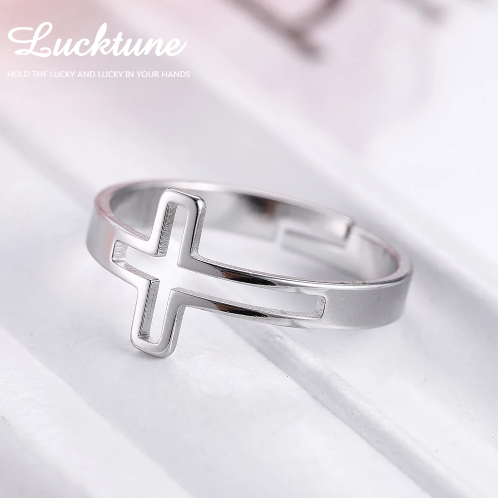 Lucktune Gothic Cross Hollow regulowane pierścionki pierścionek ze stali nierdzewnej w kolorze srebrnym dla kobiet para modna biżuteria prezent urodzinowy
