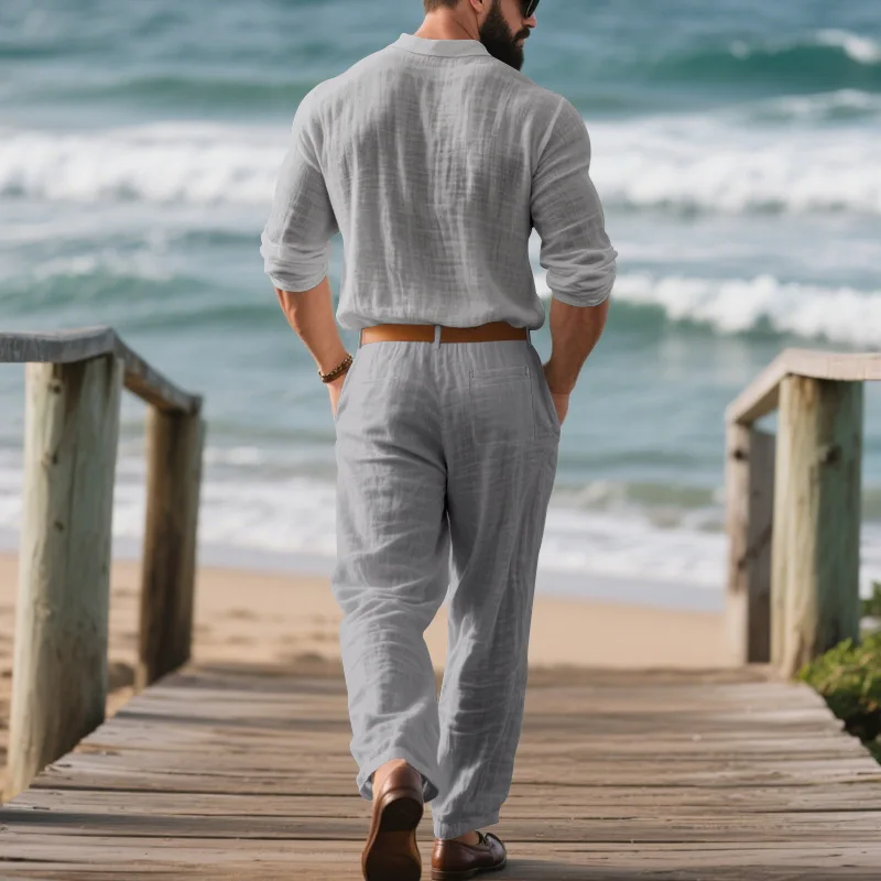 Sommer Herren Leinen 2-Teiliges Set Langarm Poloshirt Hose Einfarbig Lässig Atmungsaktiv Leicht Pendler-Outfit – Detail 19