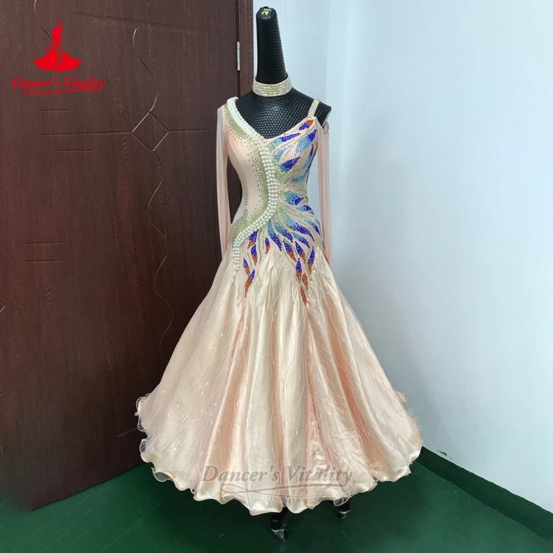 قاعة الرقص الروبيان الوردي اللؤلؤ الديكور طويلة الأكمام ملفوفة الوركين فستان تخصيص حيوية الراقصة الكبار الفالس التانغو الملابس