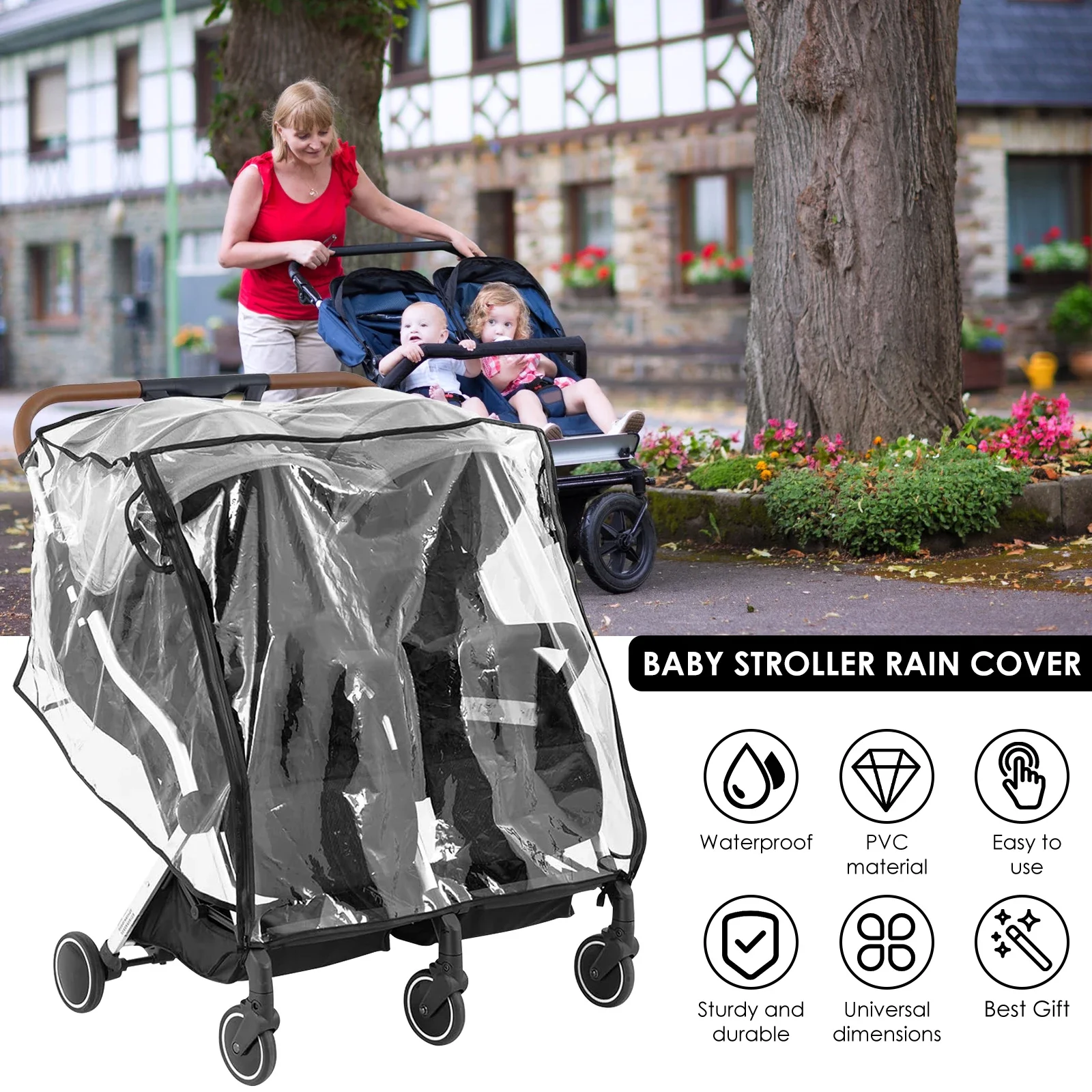 Twins Weather Shield  Double Stroller Raincoat Side by Side Baby Umbrella Stroller Rain Cover Scooter Waterproof Jogger City