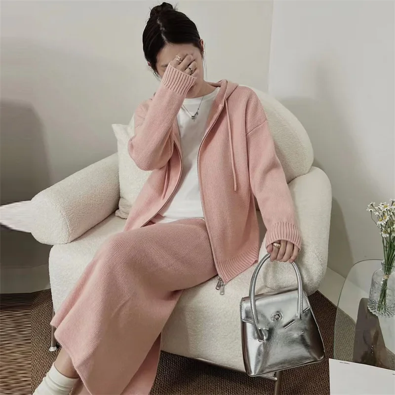 Korean Lazy Style Women Knitted Sweater Casual Set Autumn Winter Hooded Zipper Cardigan Tops Knitwear Long Skirt Two-piece Suit