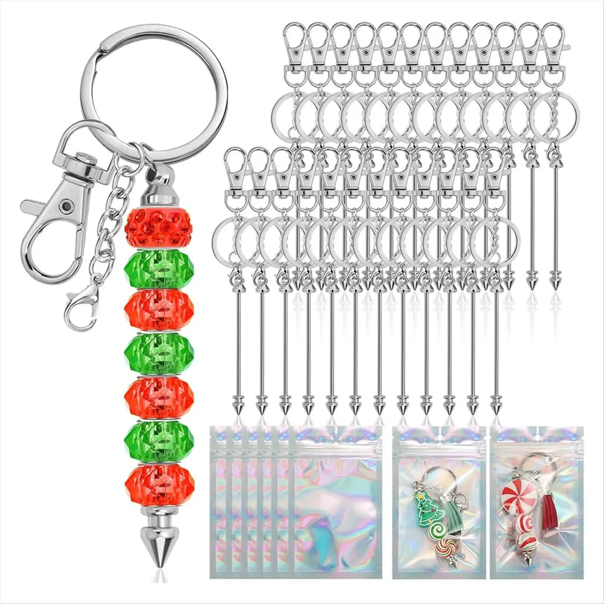 2025+ 25 Pcs Beadable Keychain Bar Set, Silver Beaded Keychain with Resealable Gift Bag for DIY, for Pendant Keychain Making