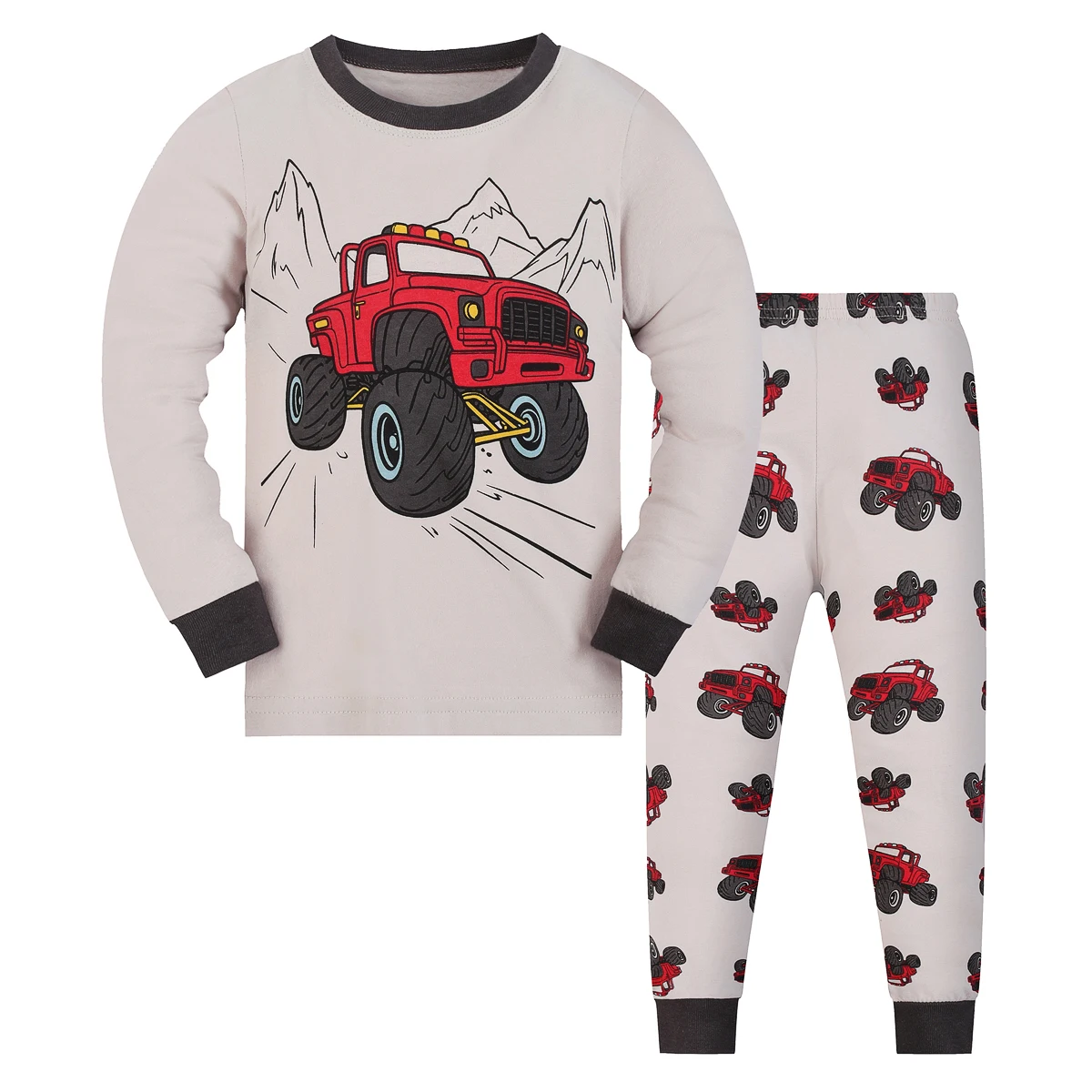 1615 flammhemmende Cartoon-Geländewagen-Pyjama-Set mit langen Ärmeln und langen Hosen, geeignet für Jungen im Alter von 2 bis 9 Jahren