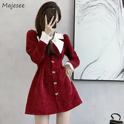 Long Sleeve Dresses Women Vintage Chic Peter Pan Collar Mini Dress Patchwork Buttons French Style Fashion Sweet Casual Autumn