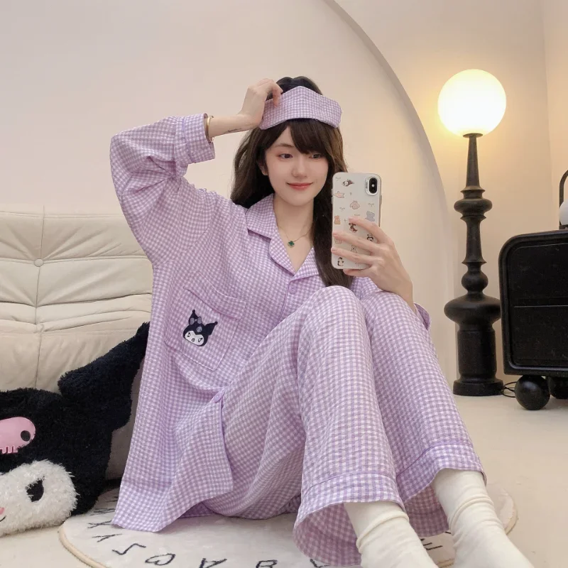 Sanrio Kulomi Pijama de mangas compridas feminino, pijama de seda, calça casual, algodão novo, outono, conjunto de duas peças