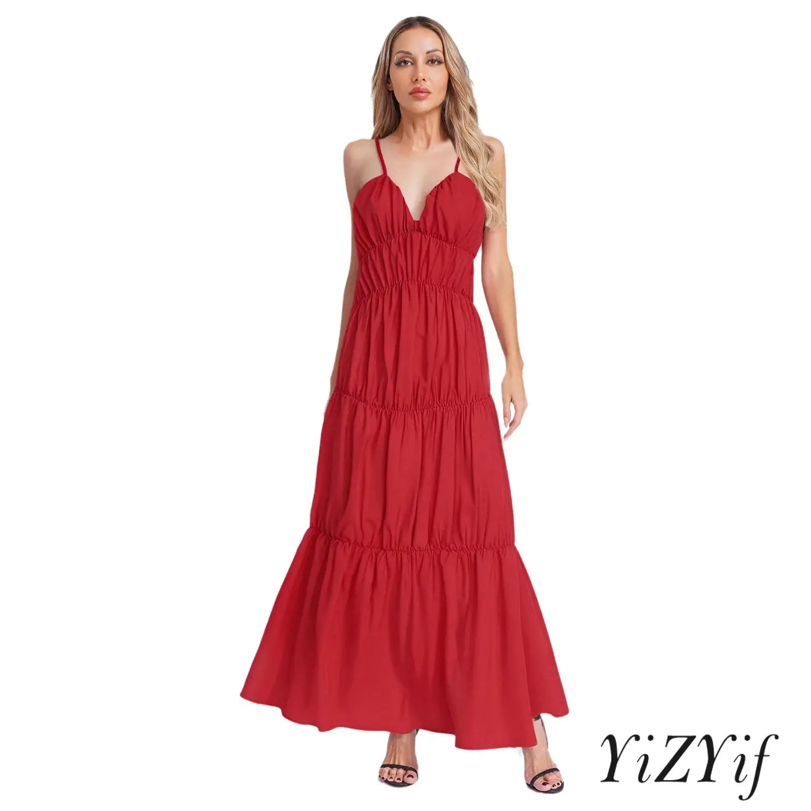 Abiti da donna Abito lungo con fionda increspata a strati Abito lungo ampio senza schienale con scollo a V bohémien Abito estivo per le vacanze al mare