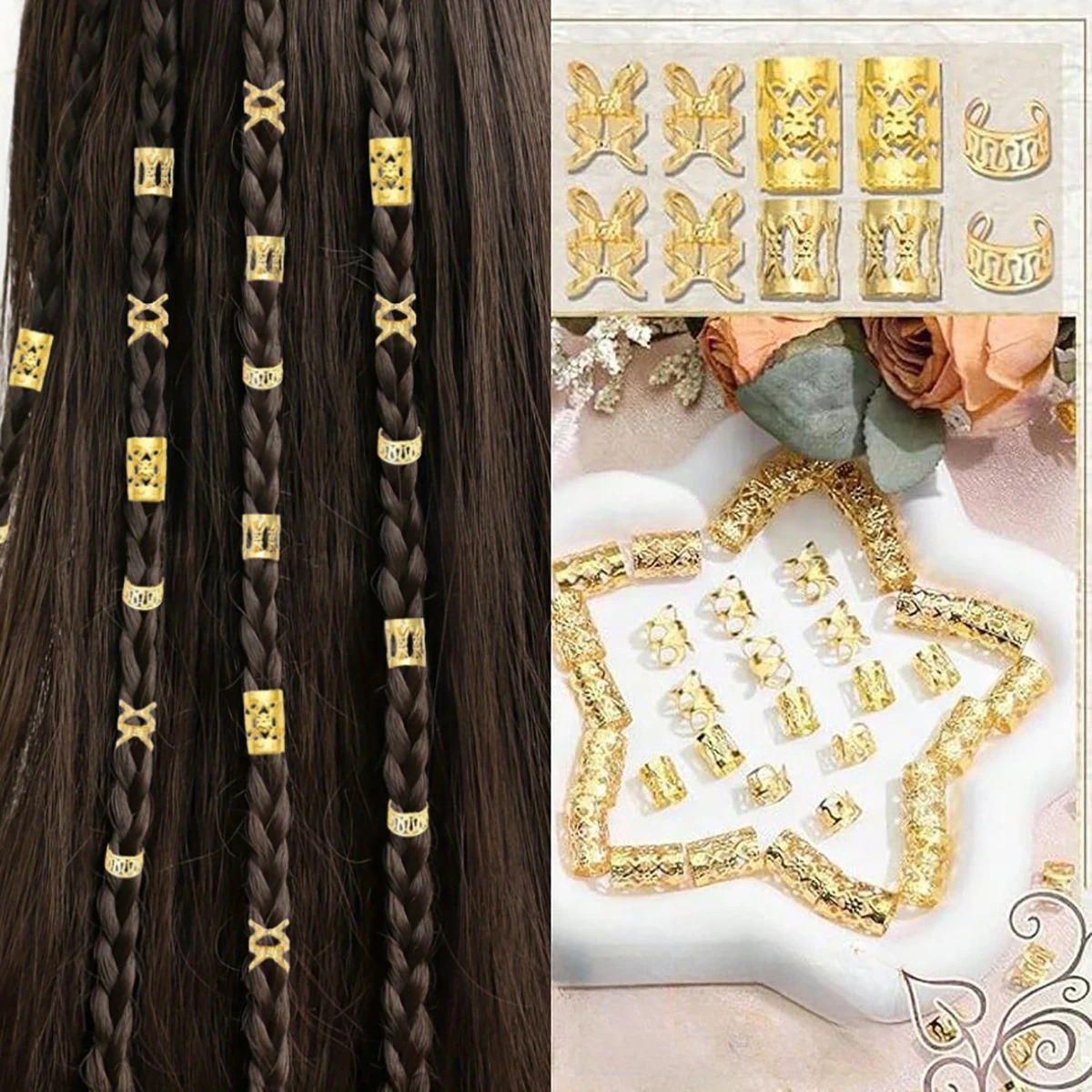 40PCS Alloy Hair Jewelry Hair Cuffs For Braids Metal Dreadlock Beads Hair Cuffs Rings Multi Style Braids Accessories