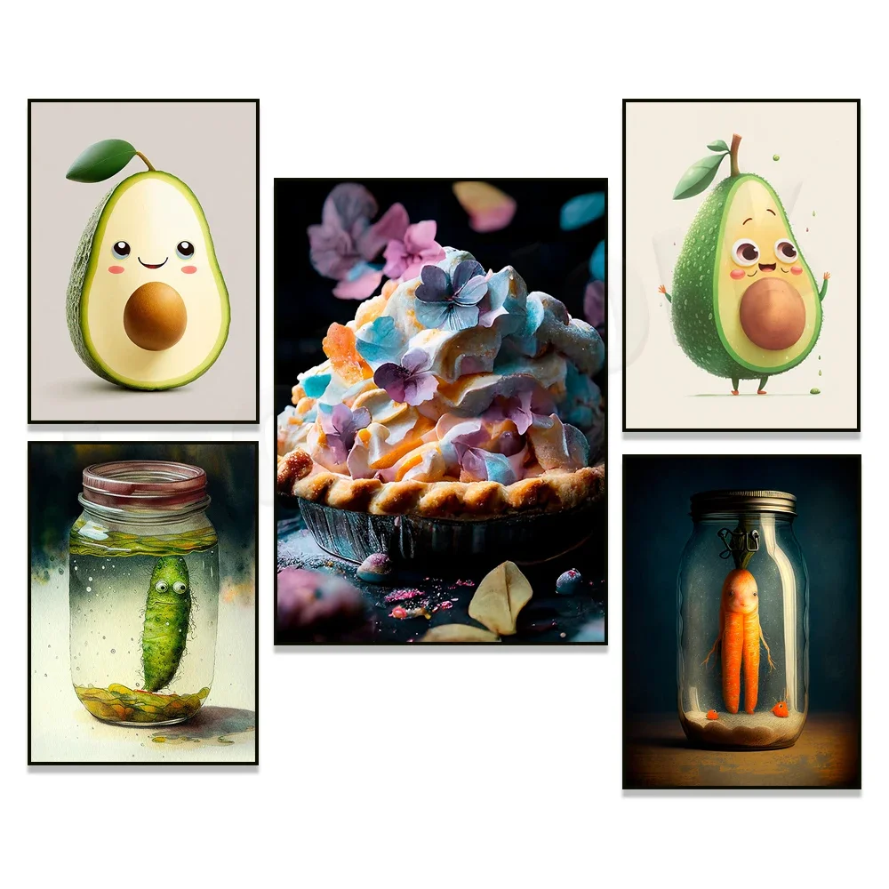 Funny kitchen print, last pickled cucumbers, last pickled carrots, floral cake, avocado art, kitchen wall decor poster