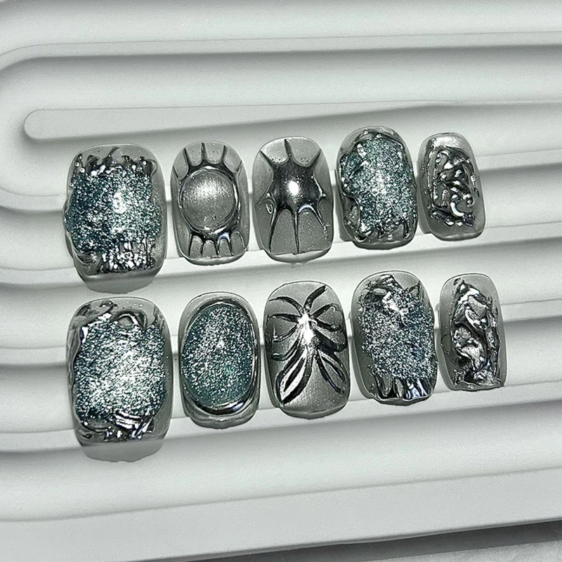 

10 Pieces Irregular Metal Shape Handmade Press On Nails Butterfly Short Cat Eye Fake Nails Removable Reusable