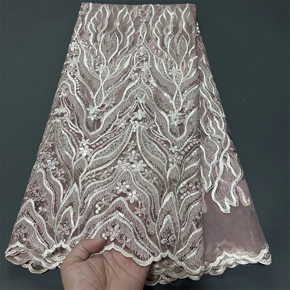 

2025 African Nigerian High-Quality Sequins Tulle Lace Fabric for Prom Dresses Beads Embroidery Sewing Net Cloth 5Yard ZJ077