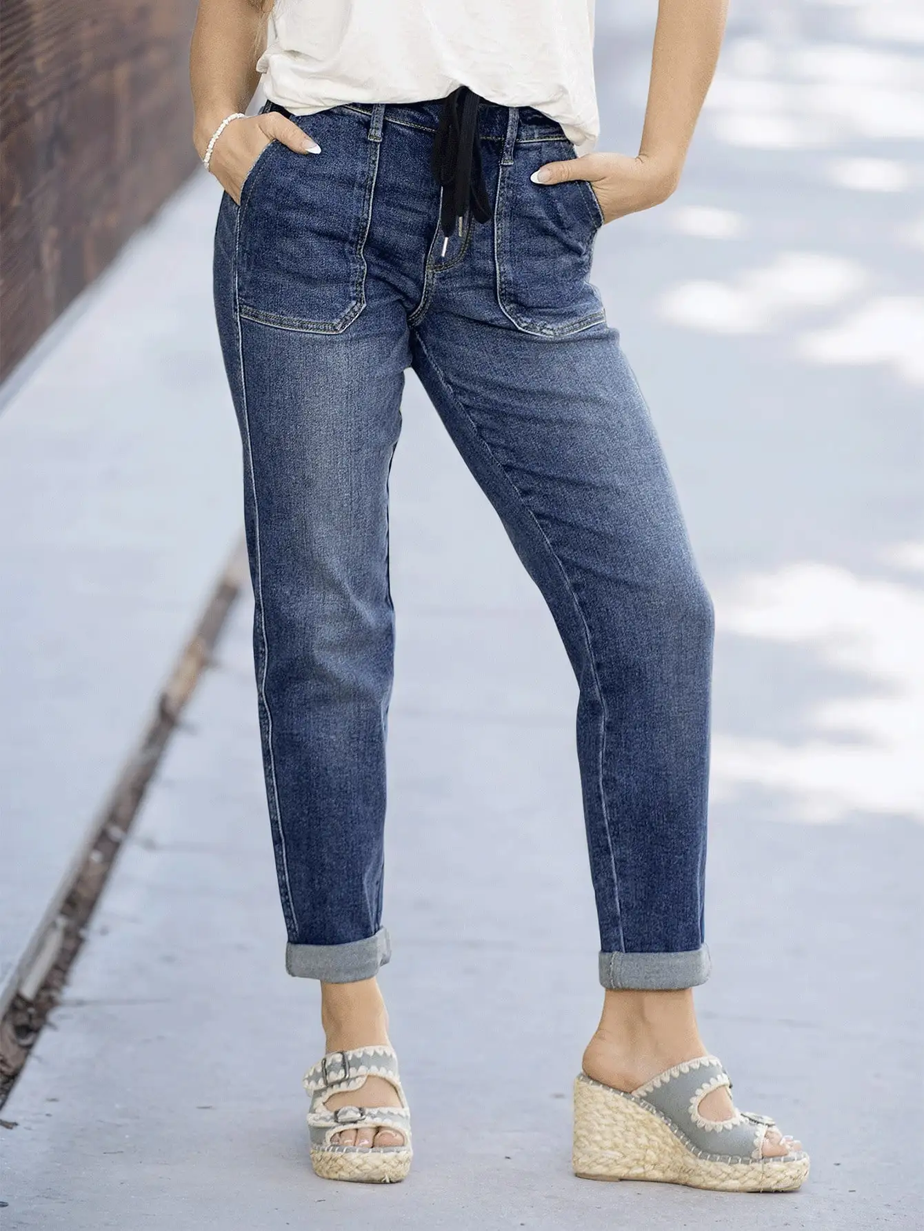 Women's Slim Fit Tie-Waist Washed Denim Jeans – Stylish and Comfortable Denim Pants for Effortless Everyday Wear