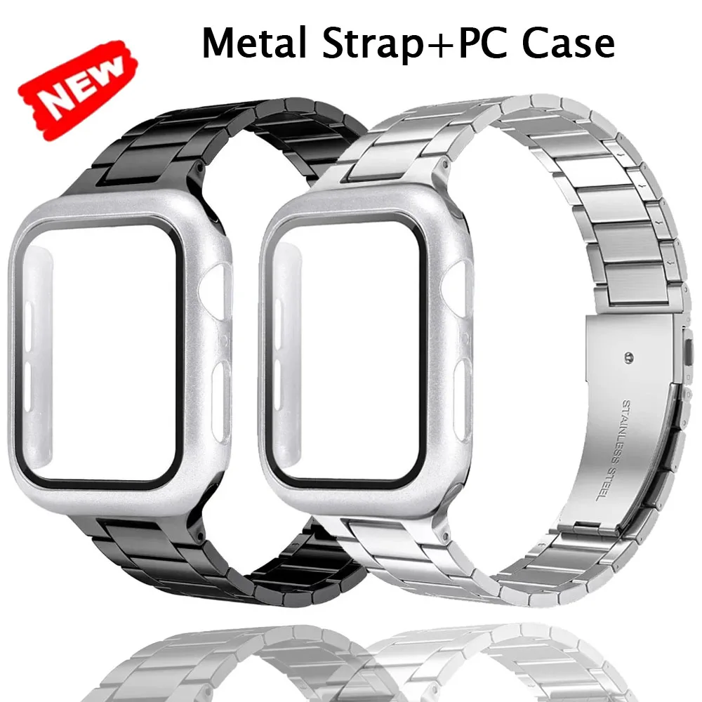 Correa de Metal + funda de PC para Apple Watch 9 8 7 45mm 41mm pulsera cómoda de acero inoxidable IWatch 6 5 4 3 SE 44mm 40mm 42mm 38mm