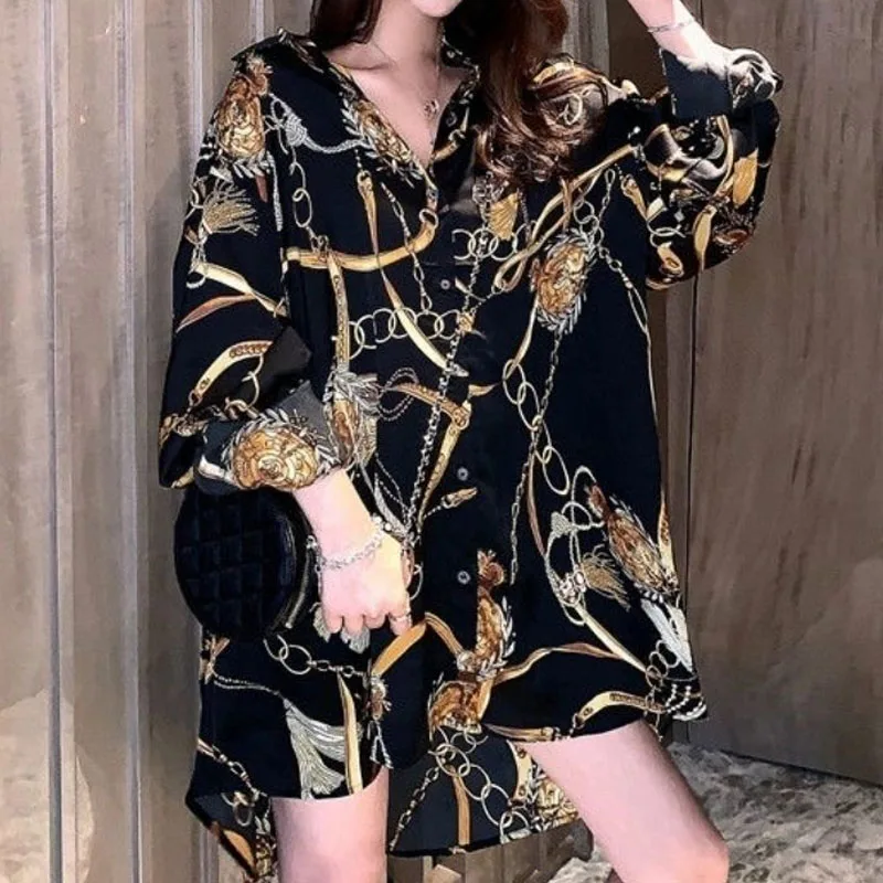 Loose Casual Printed Chiffon Button Shirt Spring Summer New Streetwear Long Sleeve Fashion Korean Turn-down Collar Midi Blouses