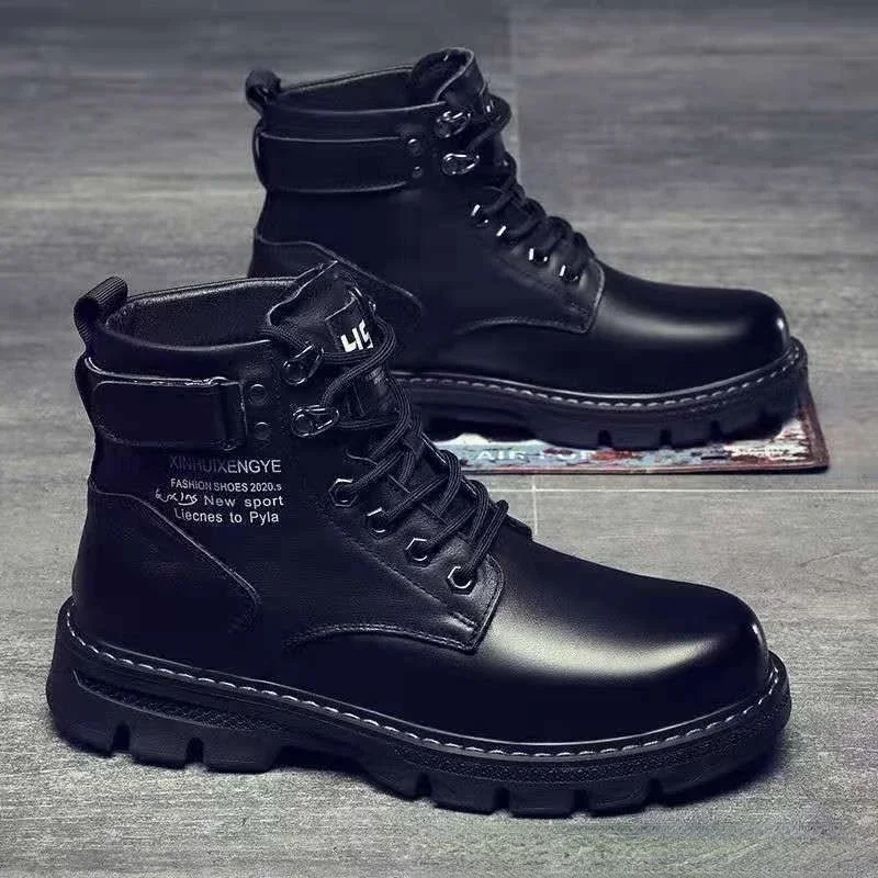 Botas de hombre Otoño/Invierno 2024, versión coreana, zapatos de cuero cómodos con cordones informales y parte inferior plana y punta redonda