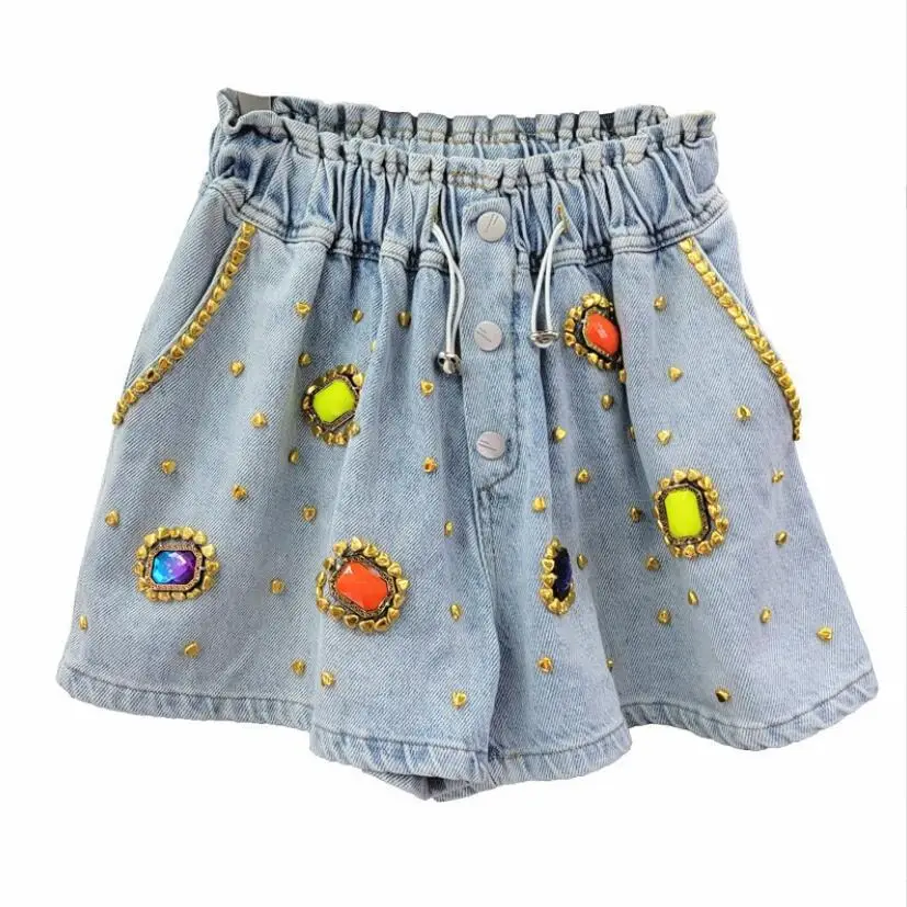 

New Exquisite Rhinestone Beaded Denim Shorts Women High Waist Slimming Wide-Leg Jean Shorts 2023 Spring Summer Bottoms p885