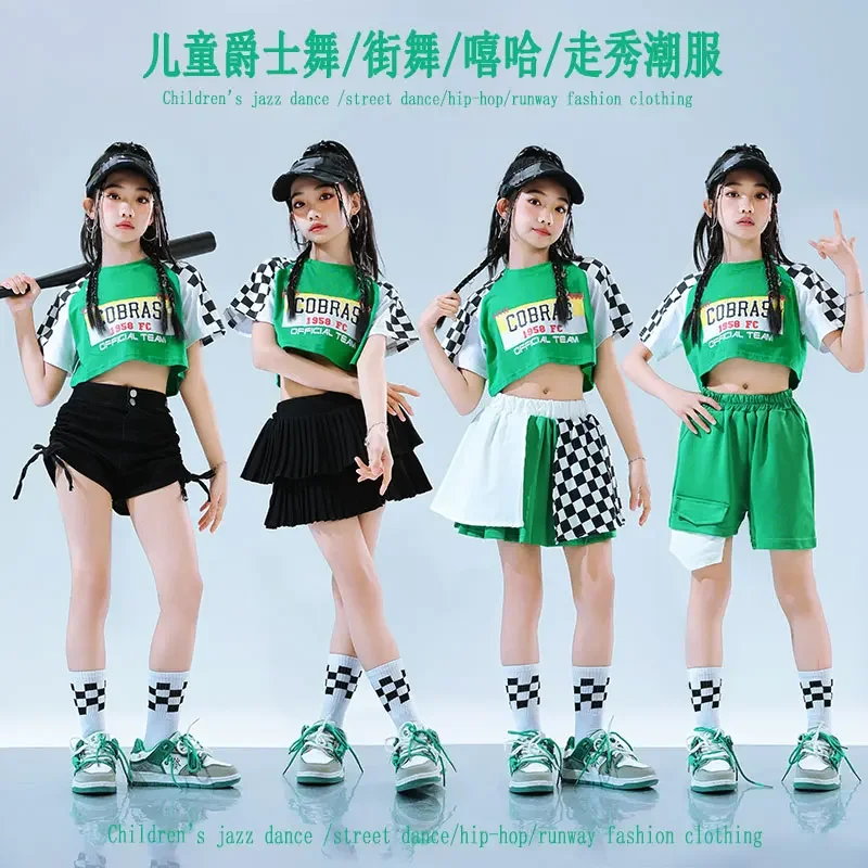 

Girls Hip Hop Crop Tank Top Green Street Dance Skirt Kids Pleated Skirts Teens Jazz Cool Costumes Child Streetwear Clothes Sets