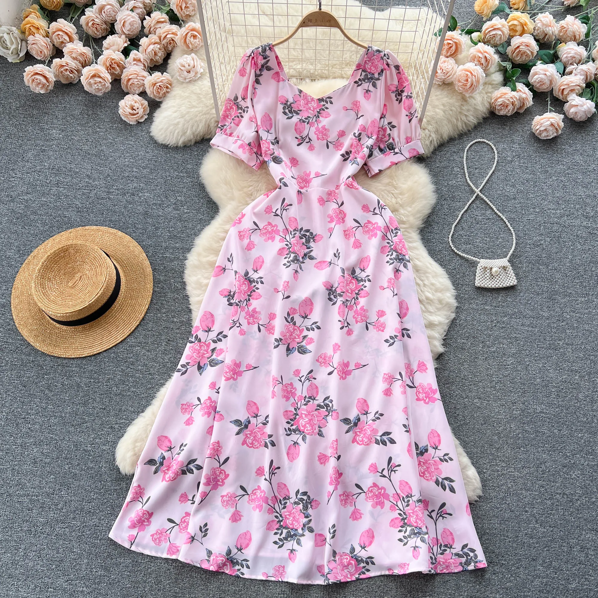 Süßer Stil quadratischer Kragen Kurzarm druck Kontrast farbe hohe Taille A-Linie Damen kleid 2024 Sommer neue Kleider