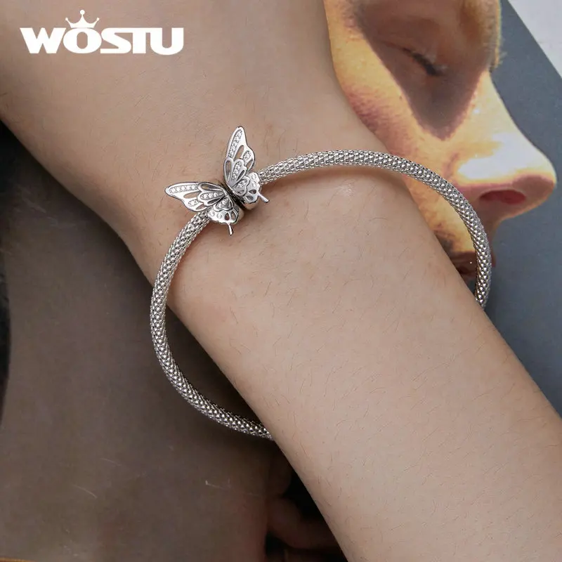 WOSTU 925 Sterling Silver Shiny CZ Silicone Spacer Beads Butterfly Heart Star Charm Pendant Fit Original Bracelet DIY Necklaces