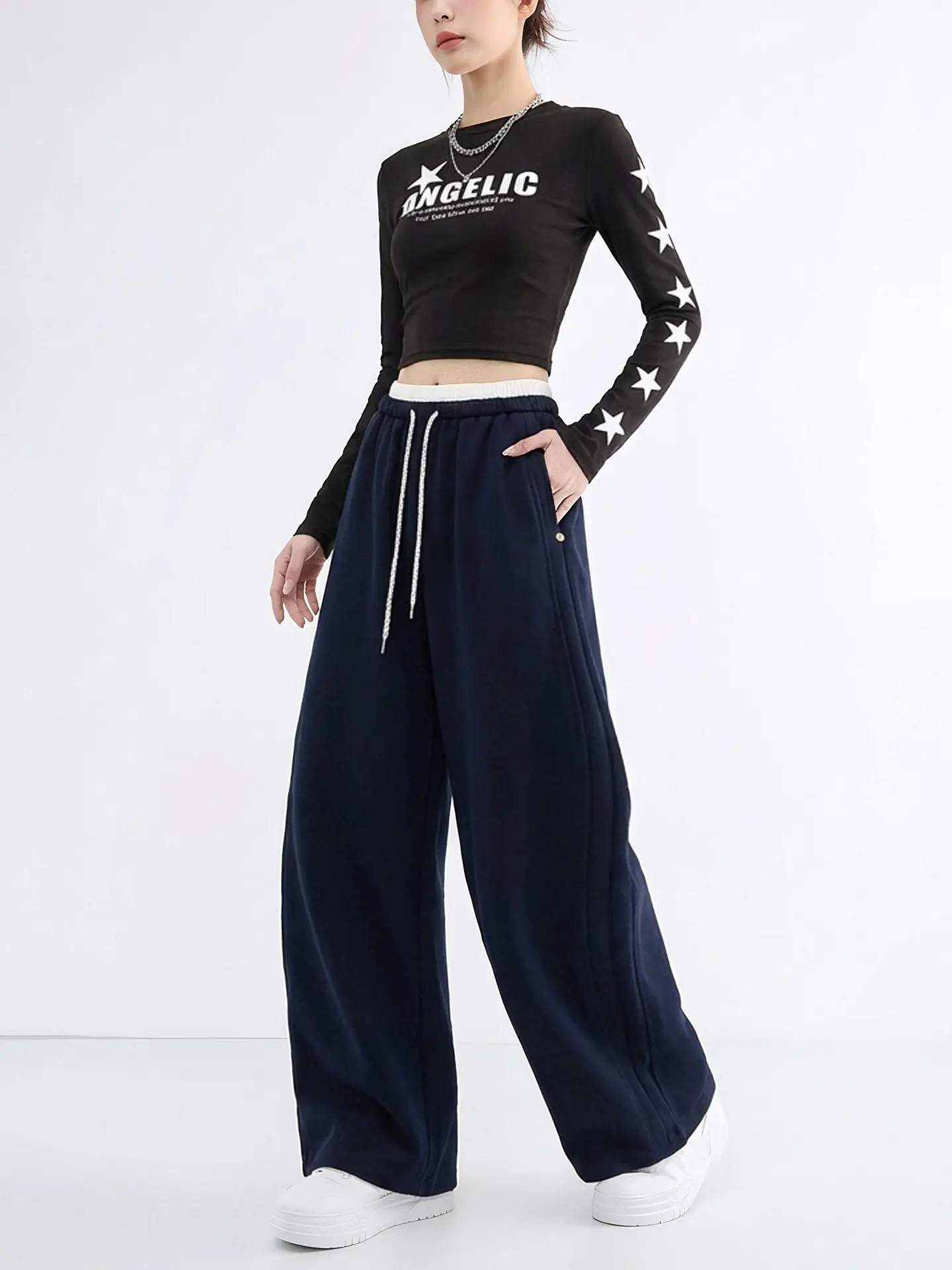 Classic Simple Sporty Wide Leg Pants Women's Loose Korean Style Drapey Slimming Long Trousers Trendy Casual Trousers