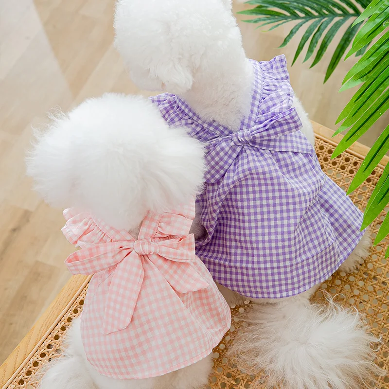 Summer Dog Clothes Puppy Plaid Suspender Skirt Luxury Dog Dress Pet Costume Chihuahua Bichon Yorkie Clothing Pink Dog Bow Vest