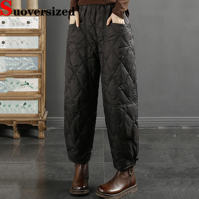 

Big Size 85kg Down Cotton Pants Elastic Waist Baggy Straight Spodnie Winter Warm Puffy Pantalones Casual Women's Thick Trousers