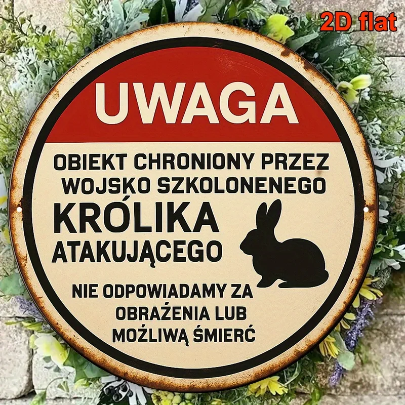 مسطح ثنائي الأبعاد، قطعة واحدة من علامة تحذير اللغة البولندية المستديرة مقاس 8 بوصات - "أرنب الهجوم المدرب" (UWAGA: Atakujacy Krolik) مع الألمانية