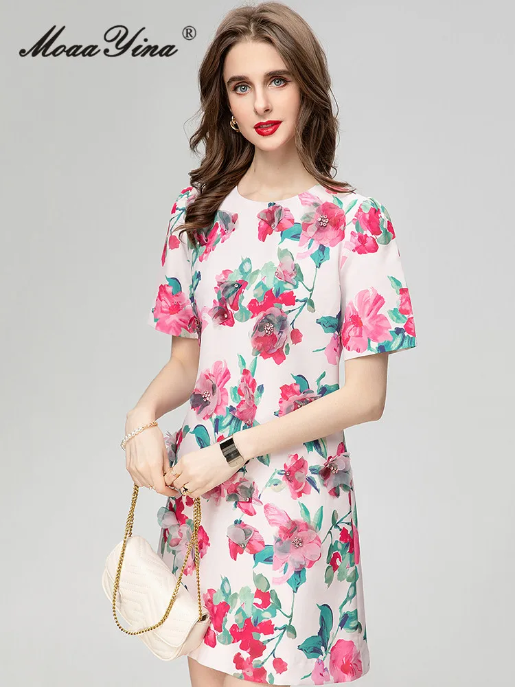 

MoaaYina Spring Fashion Designer Floral Print Elegant Dress Women's O Neck Short Sleeve Diamond Appliques Slim Mini Short Dress