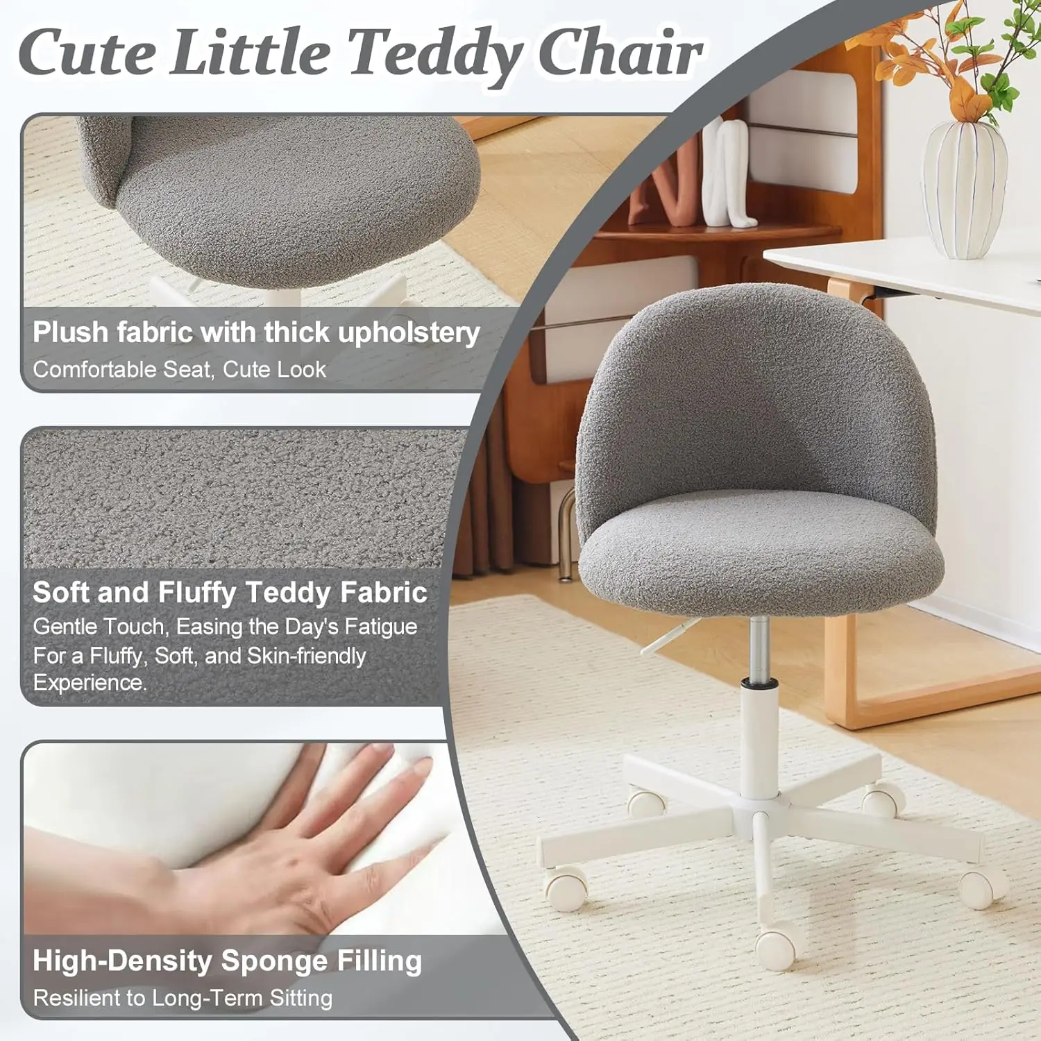 Vingli Candy Chair Armless Cute Desk Chair,Comfy Small Office Chair With Wheels,Vanity Chair With Lumbar Support,Teddy