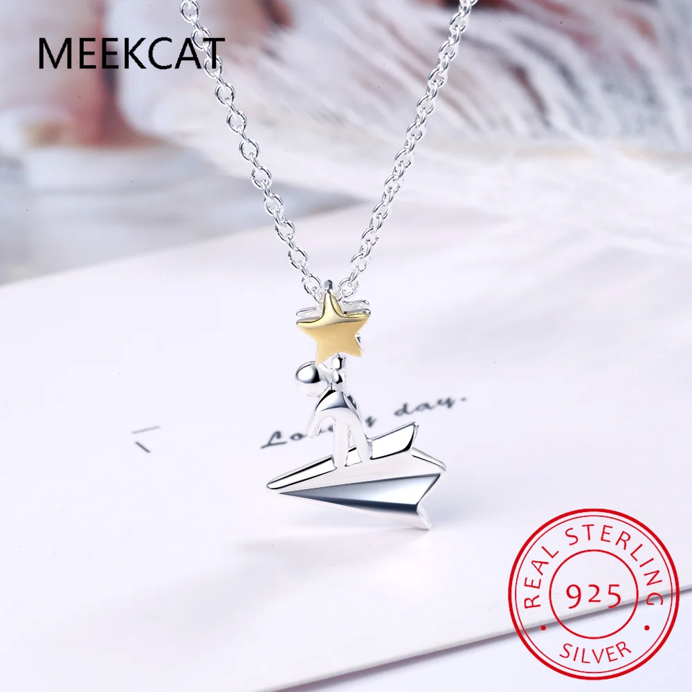 Real 925 Sterling Silver Necklace Spaceman Star Shiny Choker Necklace For Women Daugther Birthday Fine Jewelry DB179