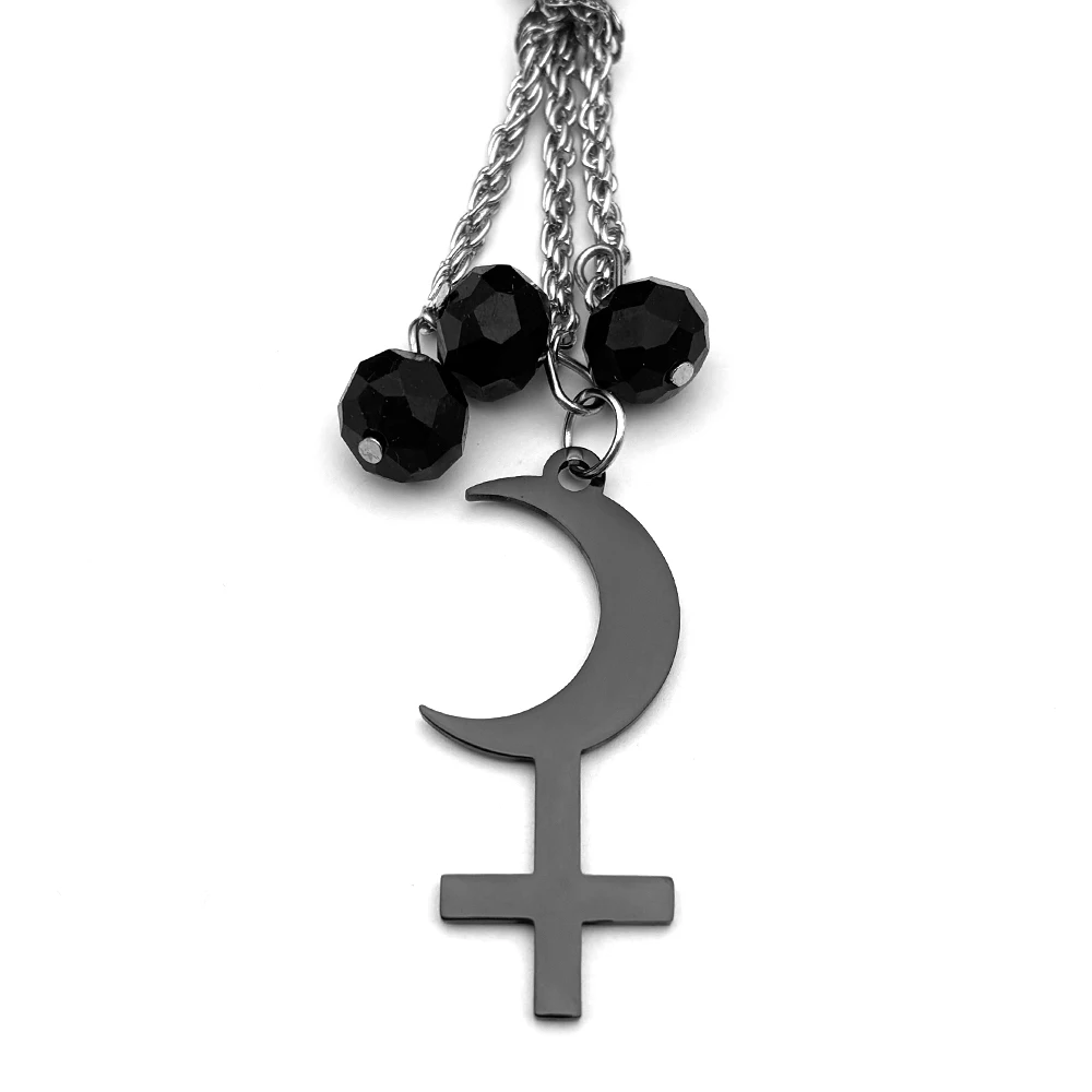 ليليث الهلال مقلوب الصليب سيارة قلادة للنساء الرجال الفولاذ المقاوم للصدأ فضي اللون رمز فلكي علامة الشيطان المجوهرات