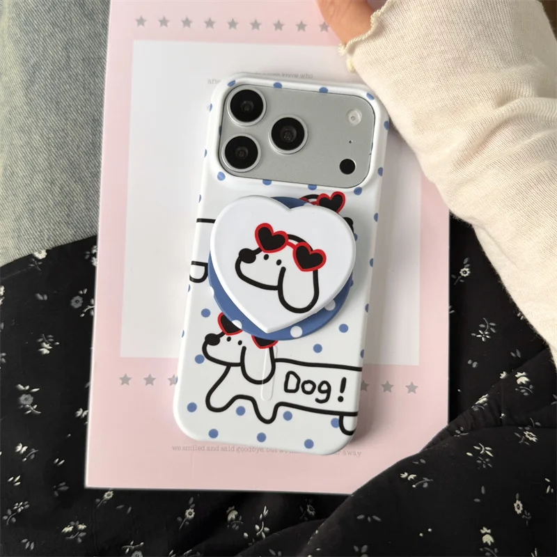 

Cute Dachshund For MagSafe Phone Case Blue Polka Dot For iPhone 15 16 17 Pro Max Puppy Grip Dog Lovers Shockproof Cover