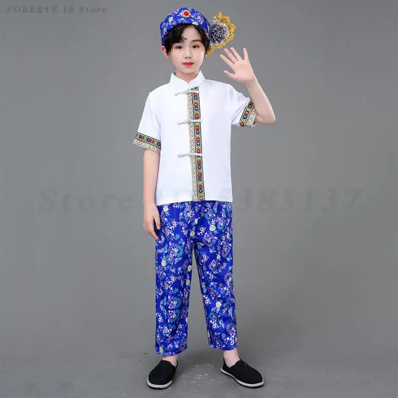 Etniczne dziecięce ubrania do tańca Tujia Zhuang Yi Dai kostiumy tybetańskie chłopiec dziewczyna tradycyjny mundur Dai letni strój Dai Cosplay