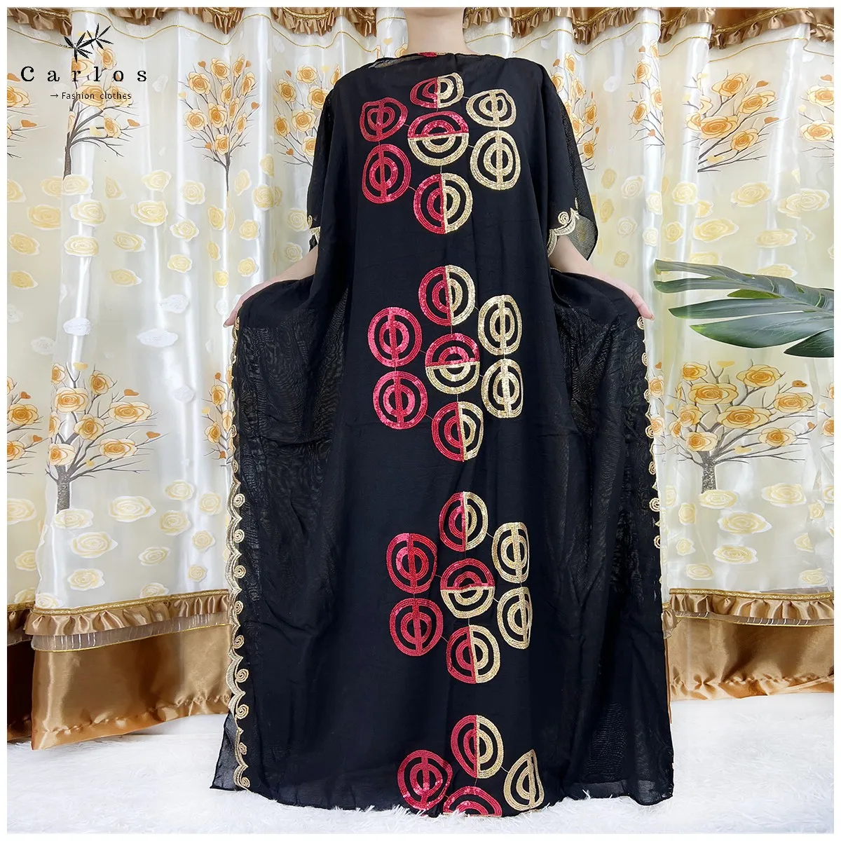 

2022 New Women Muslim Sequin Embroidery Long Black Lady Clothes Fashion New Arrival African Embroidery Flower Dresse With Scarf