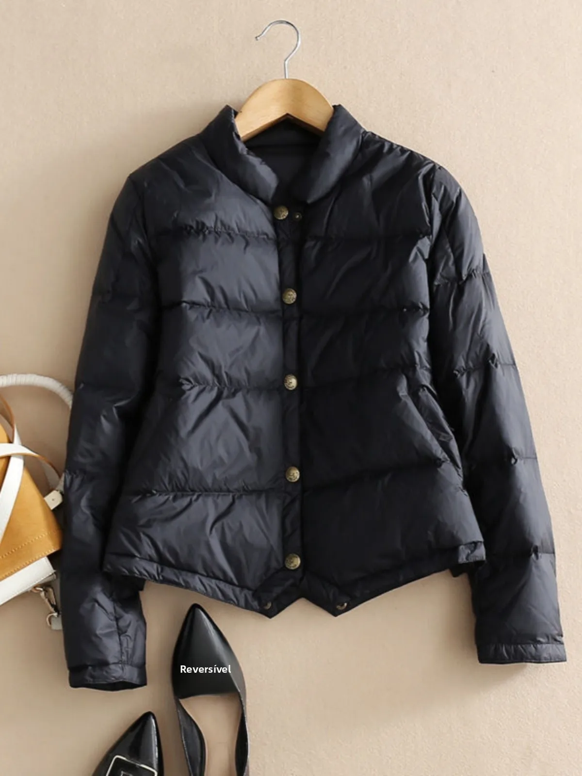 Women's Quilted White Duck down Shirt Single Button Stand Collar Short Length Thin Filling Commute Style Fashion Autumn Winte...