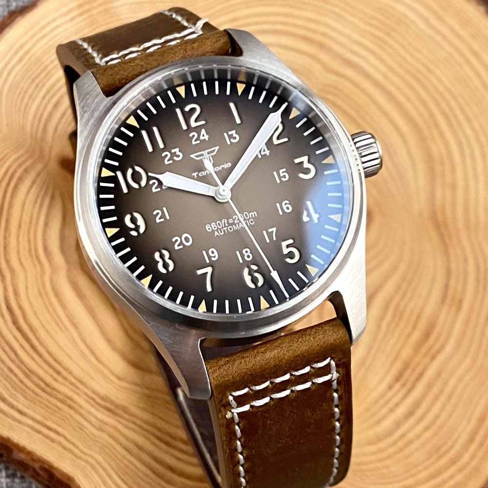 39mm Pilot Tandorio Retro Gray Red Blue Watch For Men 200m Waterproof Green Luminous NH35A PT5000 Automatic Brown Leather Strap