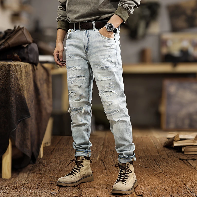 Motocycle Jeans For Men Grunge Jeans Hip Hop Distressed Ripped Patch Man Denim Pants Slim Stretch Original Designer Retro Blue