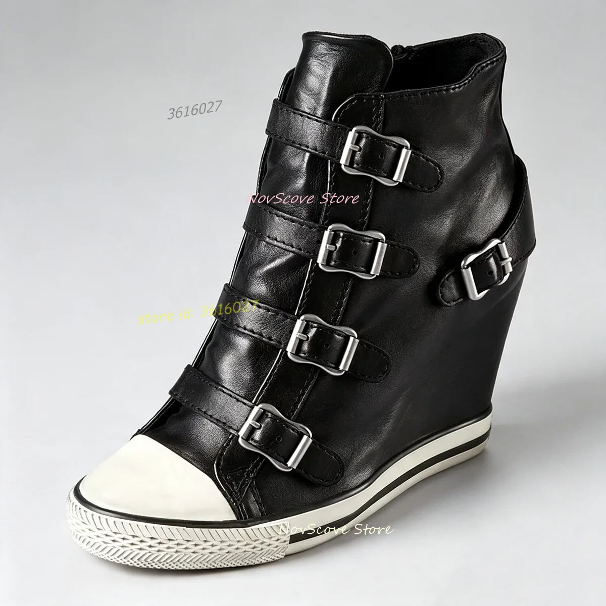 Wedges Sneaker Shape Ankle Sandals Pu Leather Belt Buckle Round Toe Rubber Sole Ankle Booties Autumn Women Party Daily Shoes
