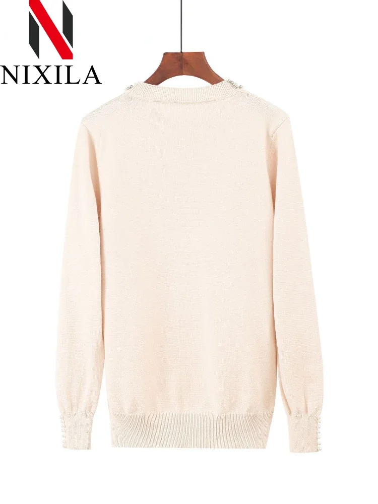 Autumn Winter Pearl Beaded Women Long Sleeve Sweaters Knitted White Black Knitwear Slim-fit Top Luxury Designer Sweater Women