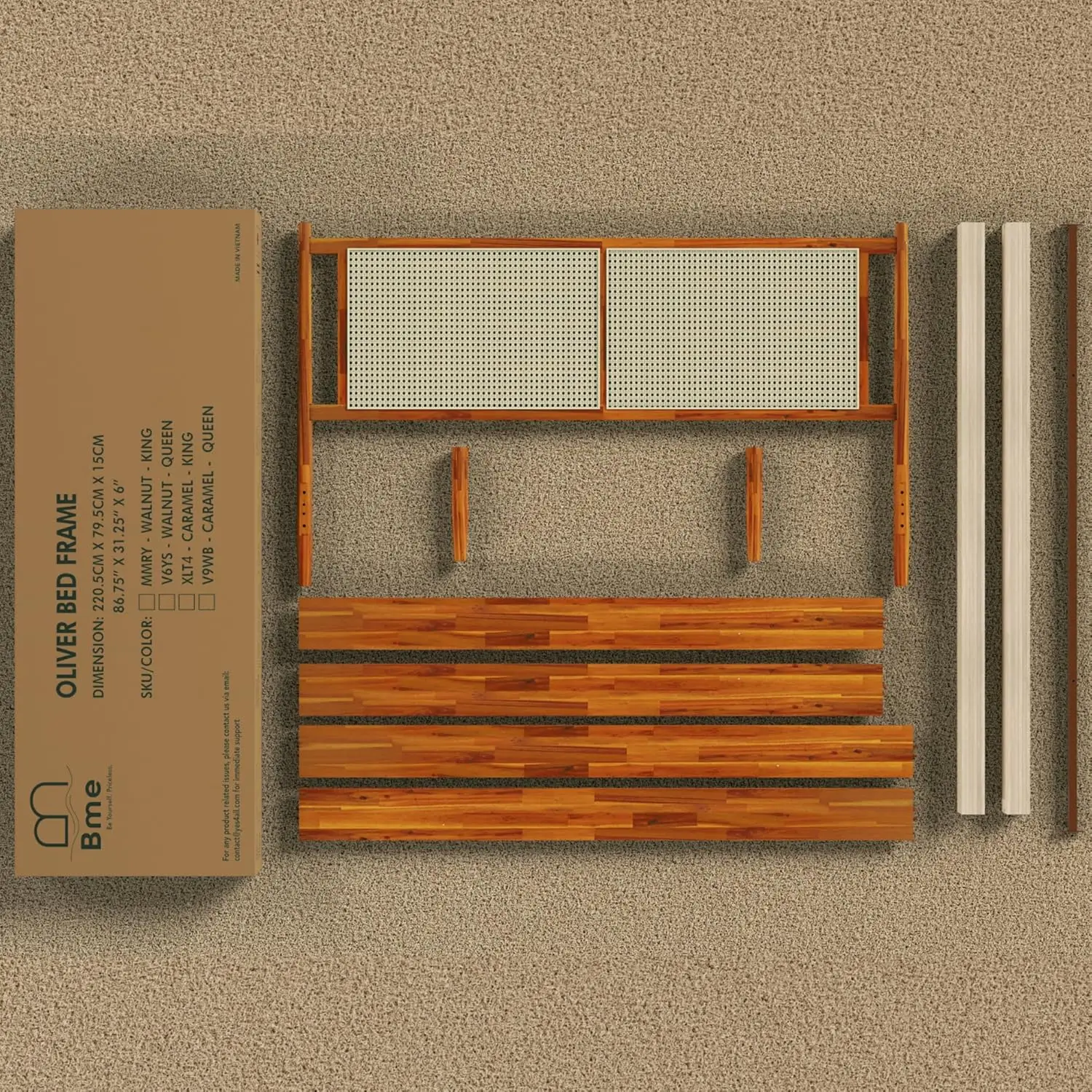 Oliver Headboard Queen Size Bed Frame - 15-Inch Signature Design with Rattan Headboard Bohemian and Mid Century Style 12-Slat Wo