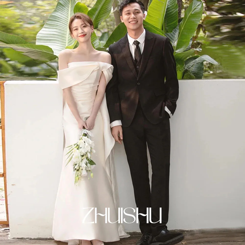 

ZHUISHU Simple Off Shoulder A Line Wedding Dress Korea Photo shoot Matte Satin Floor Length Bride Gowns Corset Back Customized