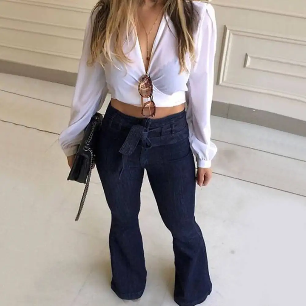 Women New High Street Denim Flare Pants Fashion Wide Leg Bell-Bottom Jeans High Waist Vintage Drawstring Jeans Female Trousers