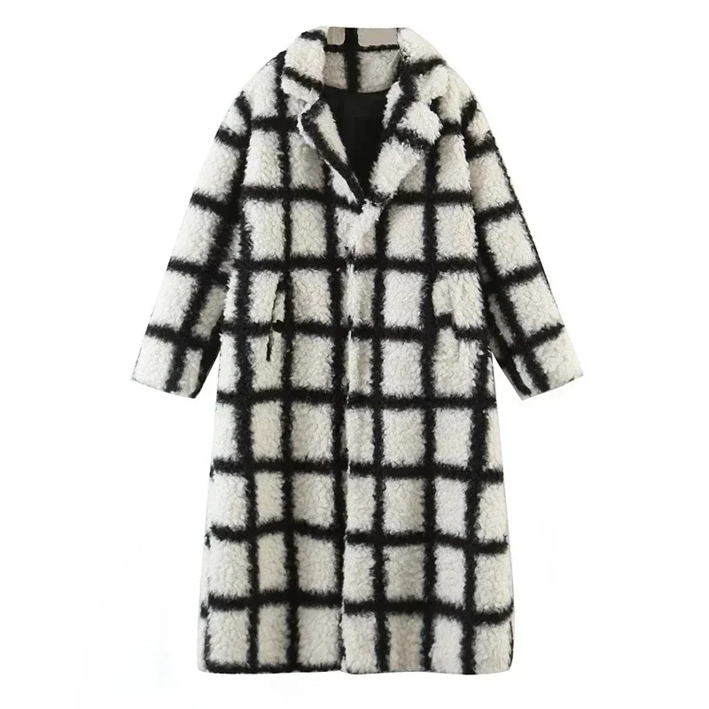 Iconic Street Fashion Long Faux Fur Coat for Women Premium Plaid Lamb Wool Teddy Jacket Winter Clothes Outwear Overcoat 2024