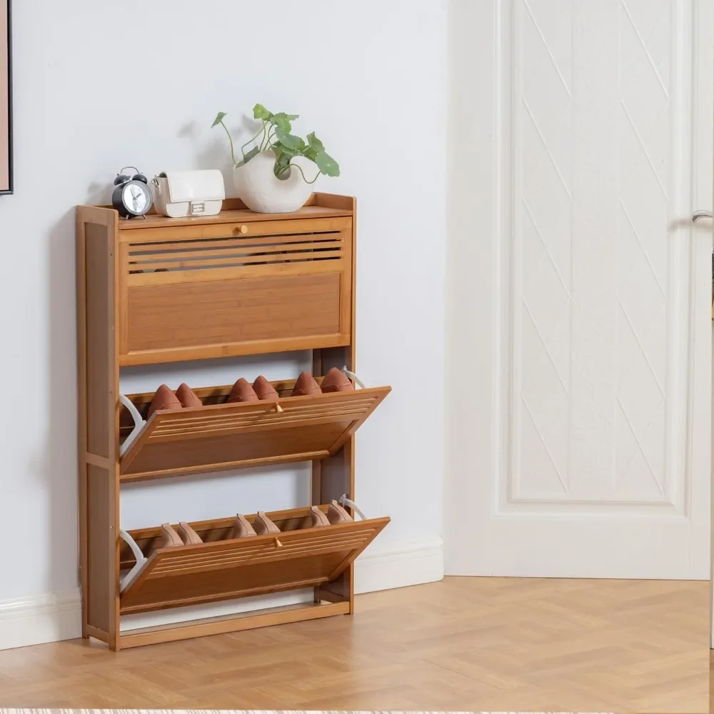 Shoe Cabinet with 3 Flip Doors, Shoes Storage Organizer, Freestanding Shoe Rack for Closet, Living Room, Bedroom.