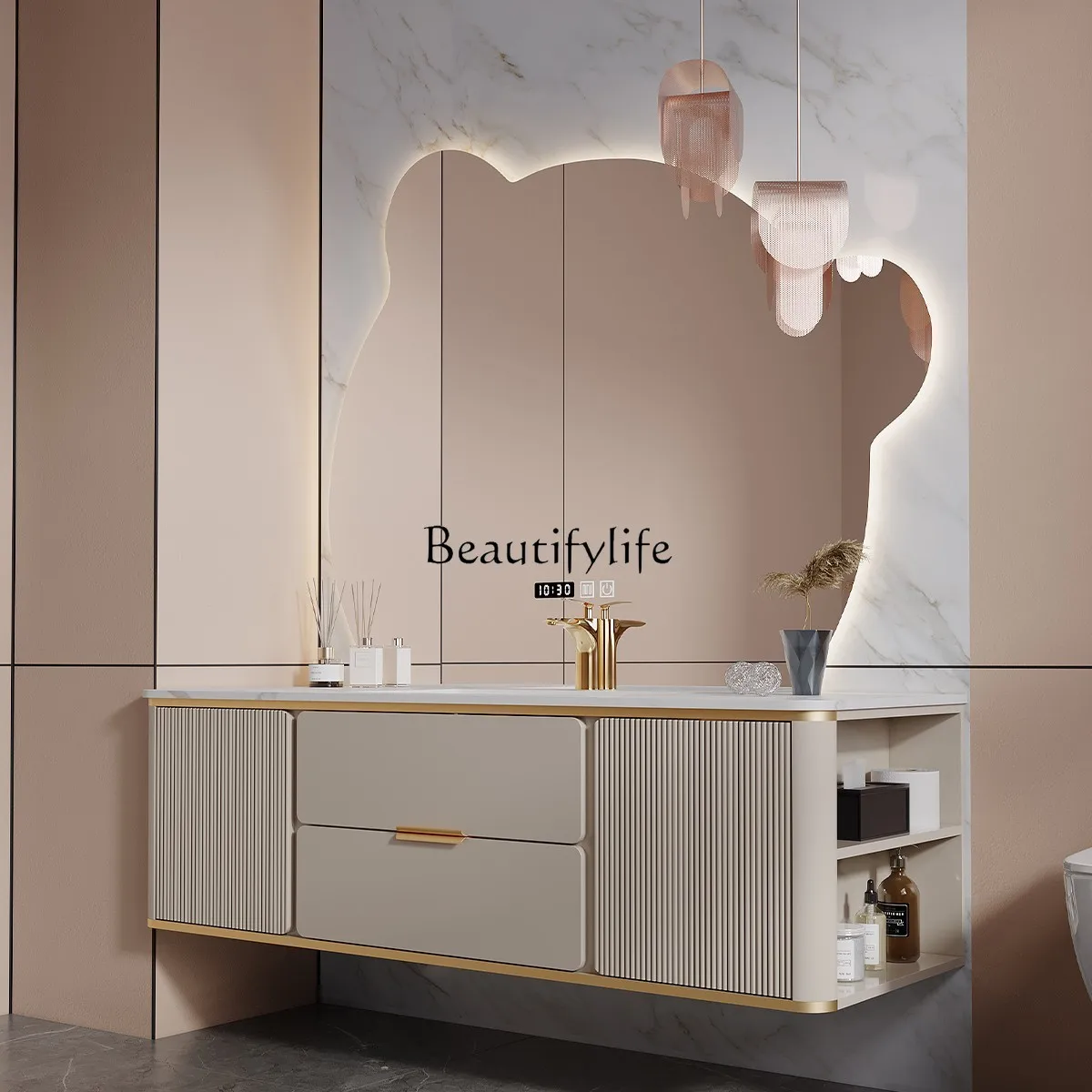 

Light luxury solid wood modern simple smart rock slab bathroom cabinet combination