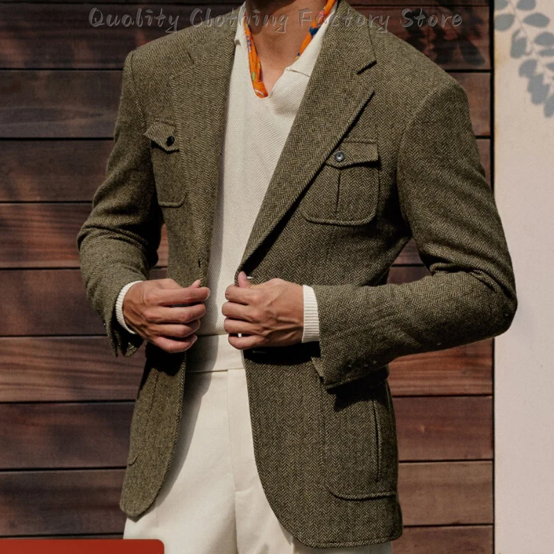 

﻿ ﻿ Men's Blazer Herringbone Vintage Multi-Pocket Elegant Man Suit Jackets Coat Single Breasted Casual Formal Jacket
